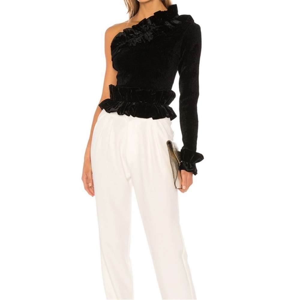 V. Chapman Messina Black Velvet One Shoulder Ruffle Top Size 6